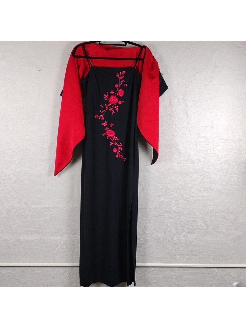 Arianna by Rachel Kaye Black Pink Embroidered Spaghetti Strap Floor Length Gown - Picture 4 of 16